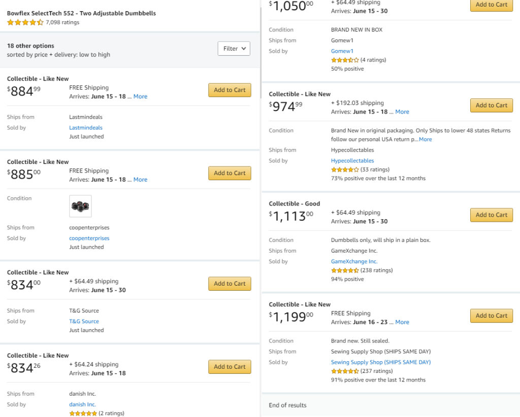 Amazon Bowflex 552 Dumbbells / Side by Side