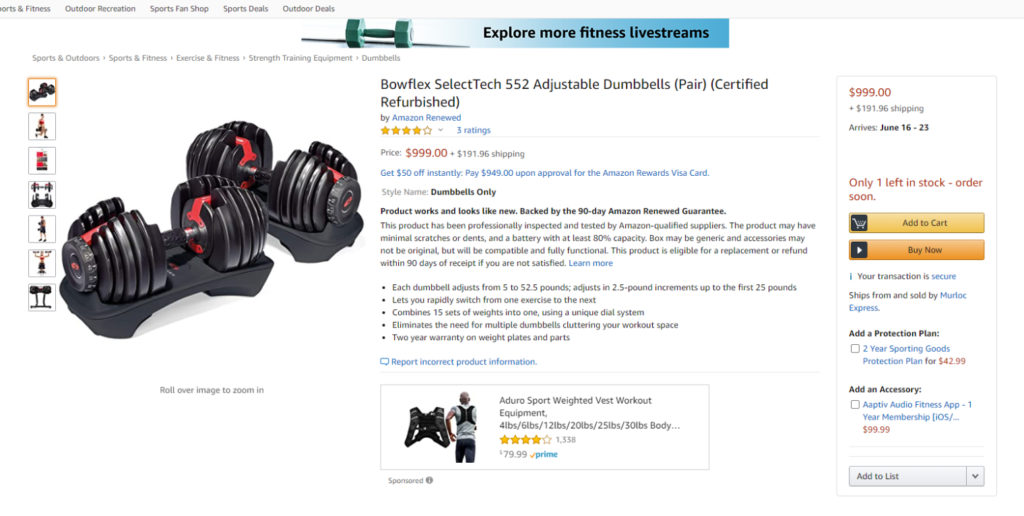 Amazon Renewed Bowflex 552 Dumbbells