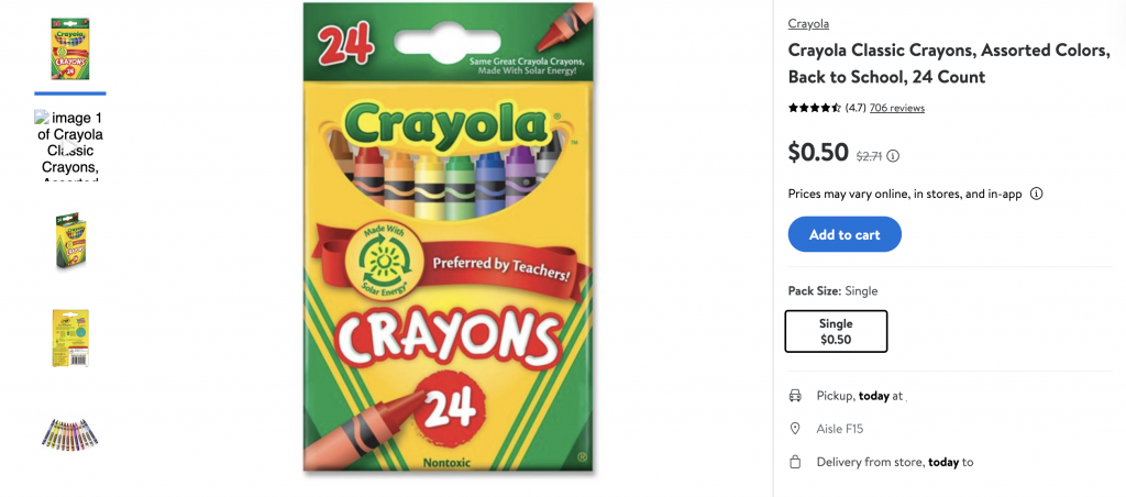 Walmart listing of 24 Crayola crayons for just 50¢