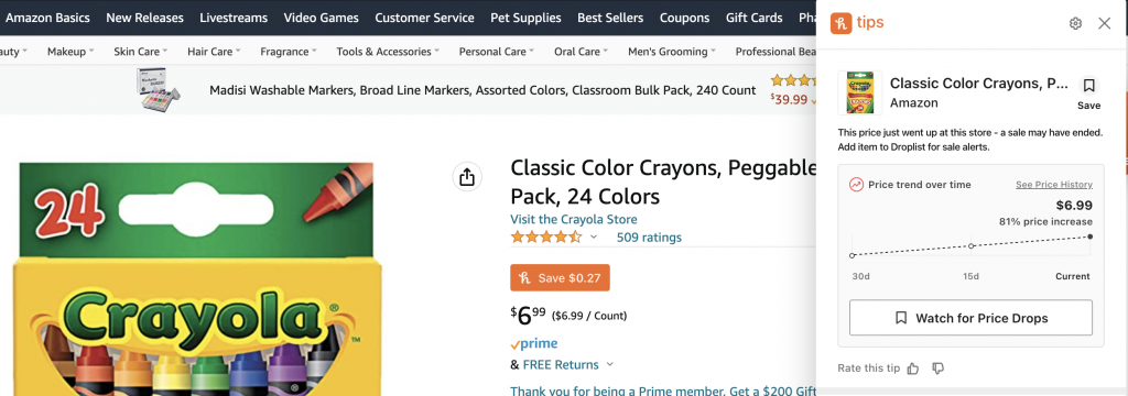 Honey browser extension on the Amazon website
