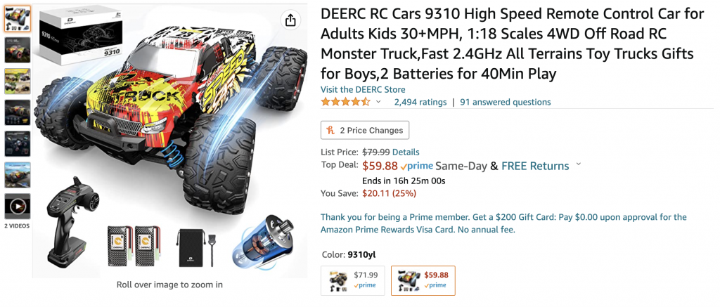 Amazon products listing for a deal on a remote-controlled car at 25% off.