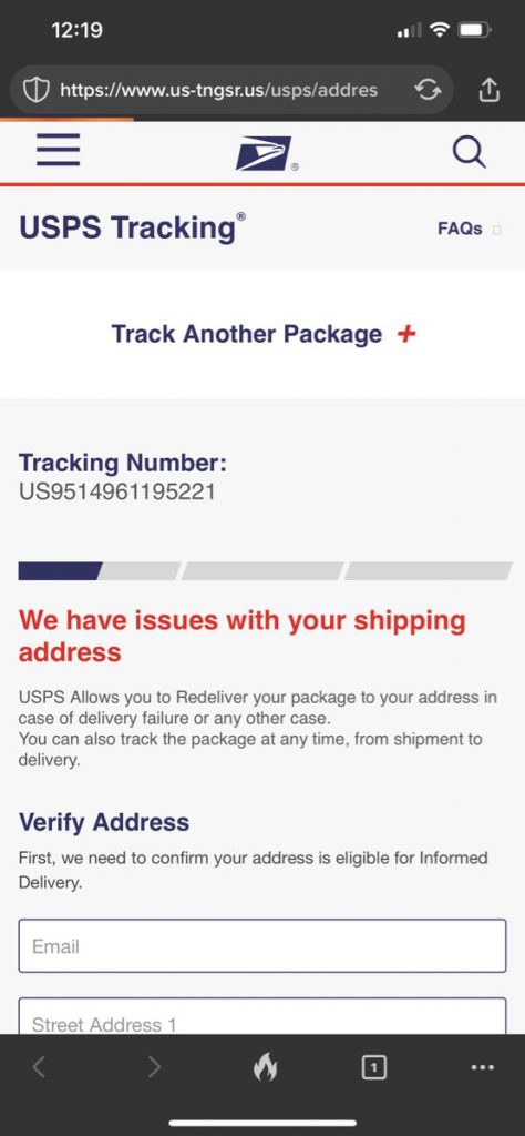 Text Scam, Landing Page of Fake USPS Site