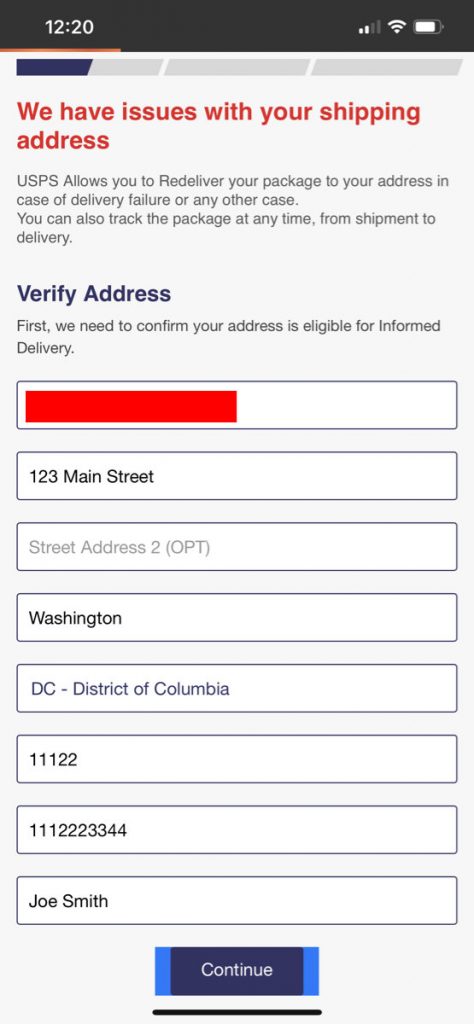 Text Scam, Verify Address Page of Fake USPS Site