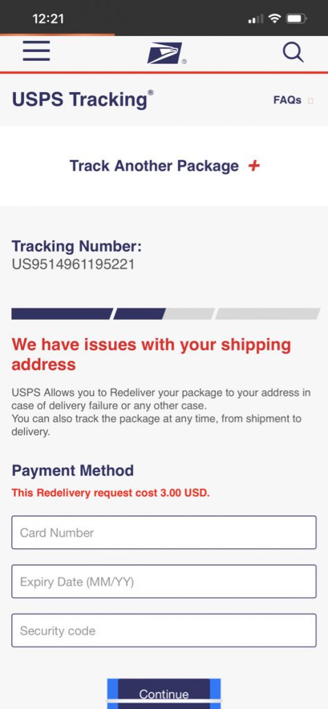 Text Scam, Credit Card Phishing Page of Fake USPS Site