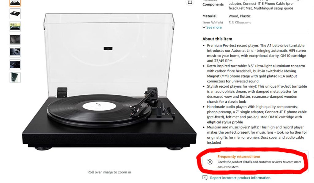 Amazon Record Player with Return Warning