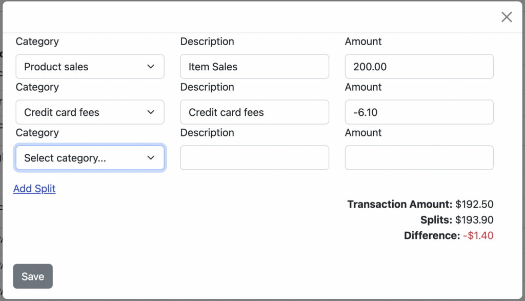 Seller Ledger - Split Transactions Screen