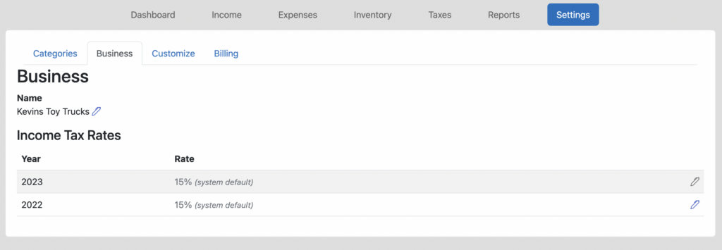 Seller Ledger: Business Section Screen