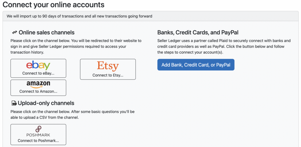 Seller Ledger connect online accounts screen.